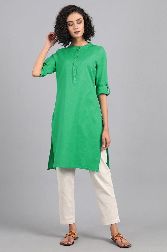 Green Mandarin Neck Solid kurta - wforwoman