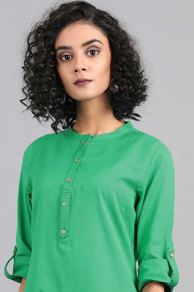 Green Mandarin Neck Solid kurta - wforwoman