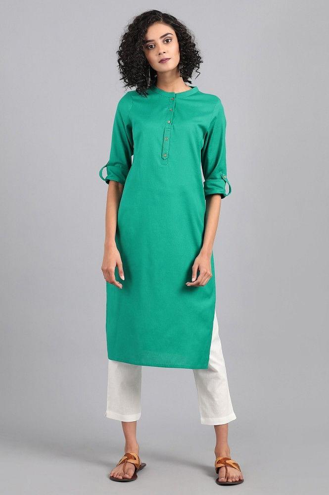 Green Mandarin Neck Solid kurta - wforwoman