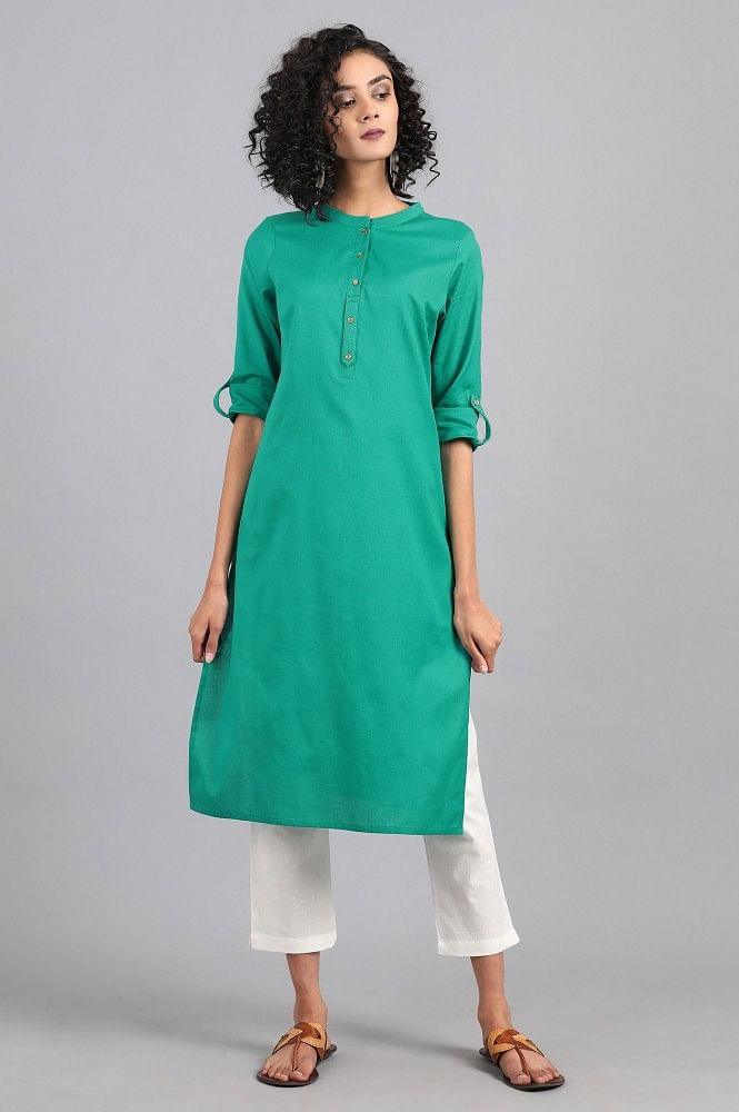Green Mandarin Neck Solid kurta - wforwoman