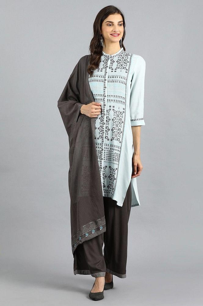 Blue Mandarin Neck Yarn-dyed kurta - wforwoman