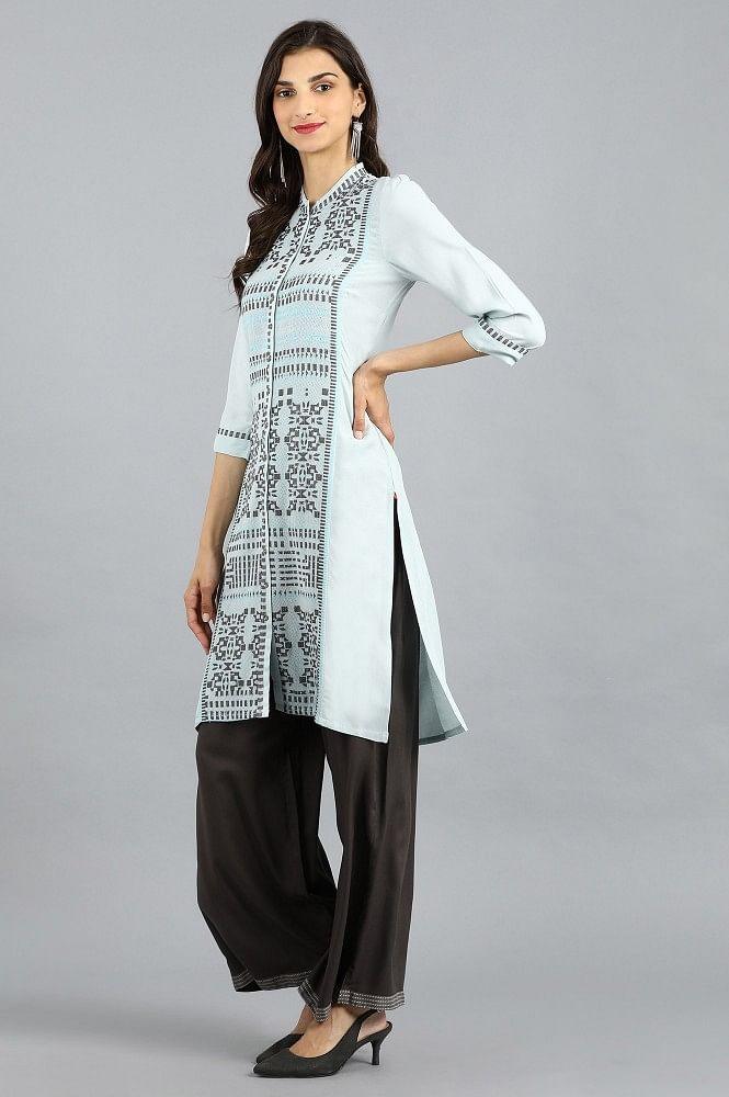 Blue Mandarin Neck Yarn-dyed kurta - wforwoman