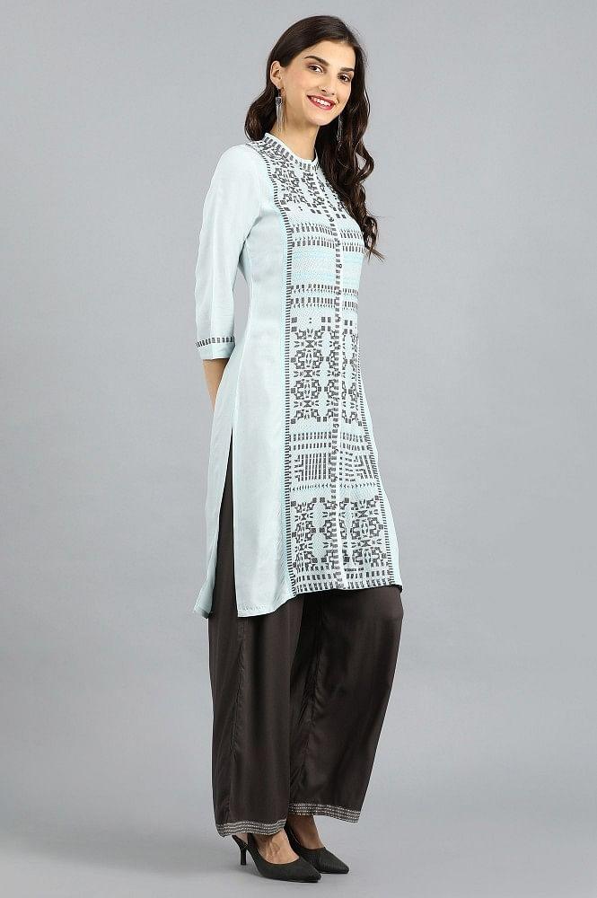 Blue Mandarin Neck Yarn-dyed kurta - wforwoman