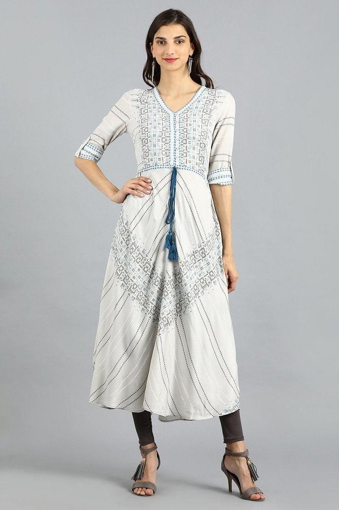 Grey V-Neck Printed kurta - wforwoman
