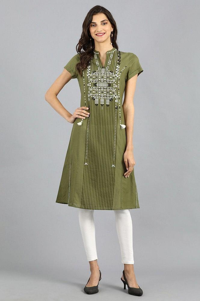 Green Mandarin Neck Printed kurta - wforwoman