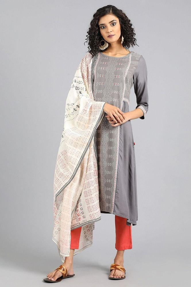 Grey Round Neck Yarn-dyed kurta - wforwoman