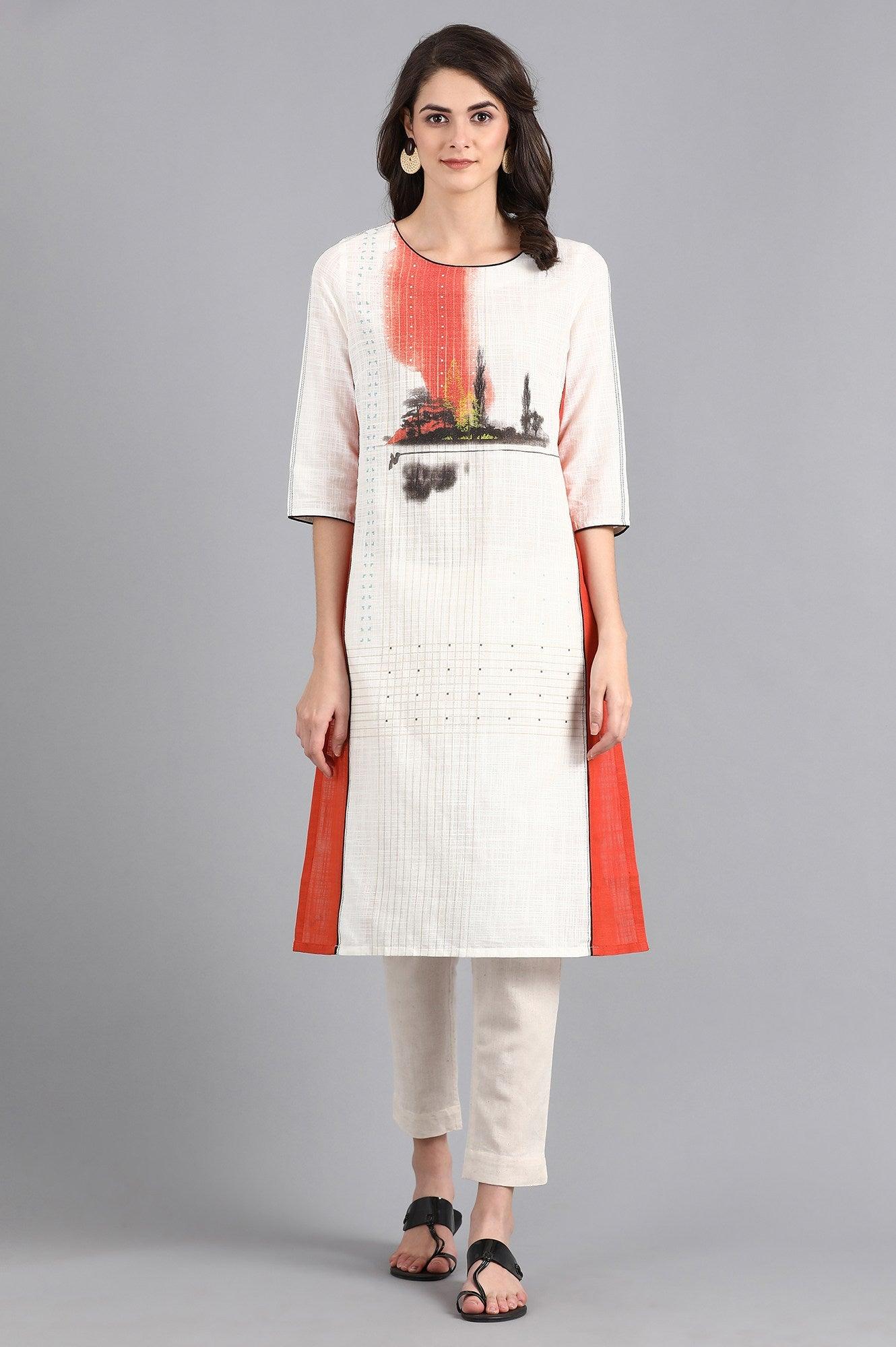 Orange & White Round Neck Printed kurta - wforwoman