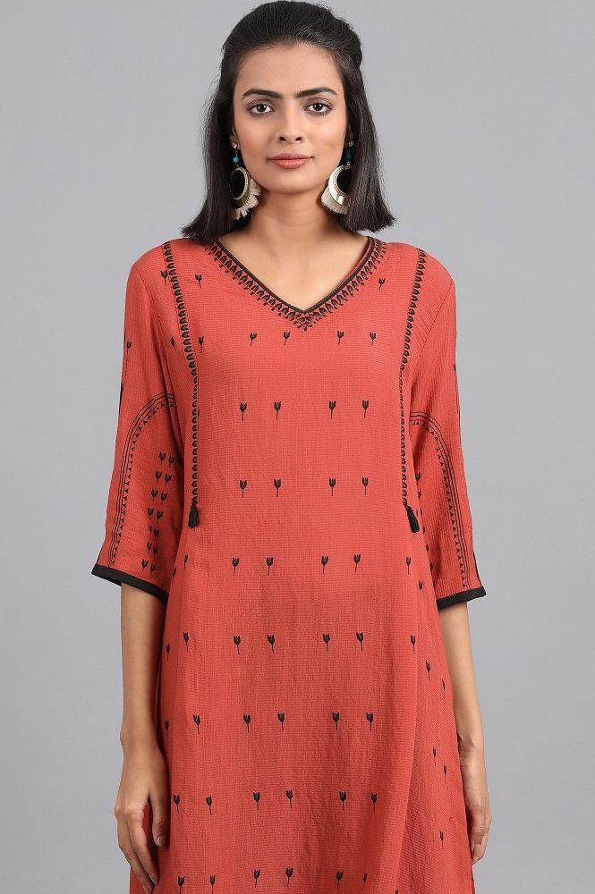 Deep Orange V-Neck Printed kurta - wforwoman
