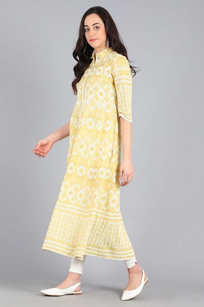 Yellow Collar Neck Yarn-dyed kurta - wforwoman