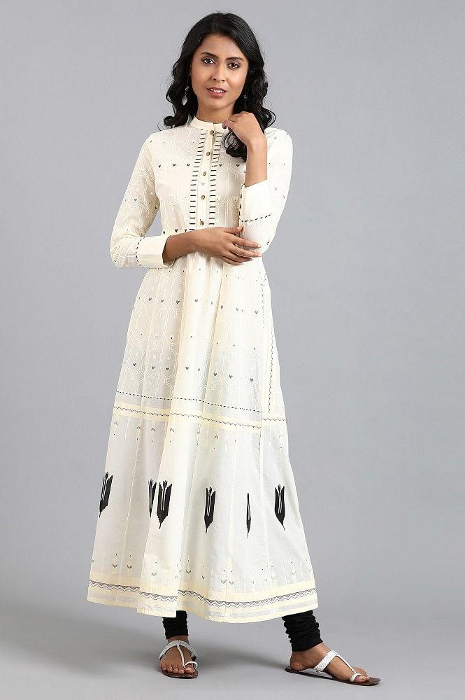 White Mandarin Neck Printed kurta - wforwoman