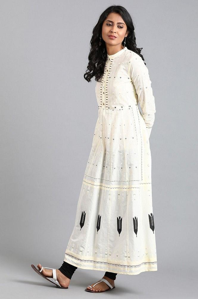 White Mandarin Neck Printed kurta - wforwoman