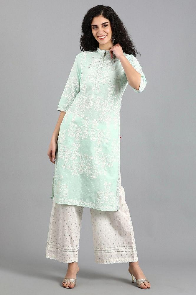 Blue Mandarin Neck Printed kurta - wforwoman