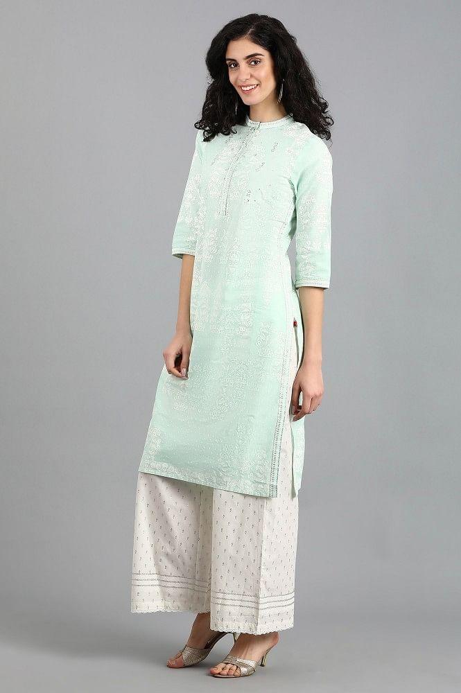 Blue Mandarin Neck Printed kurta - wforwoman