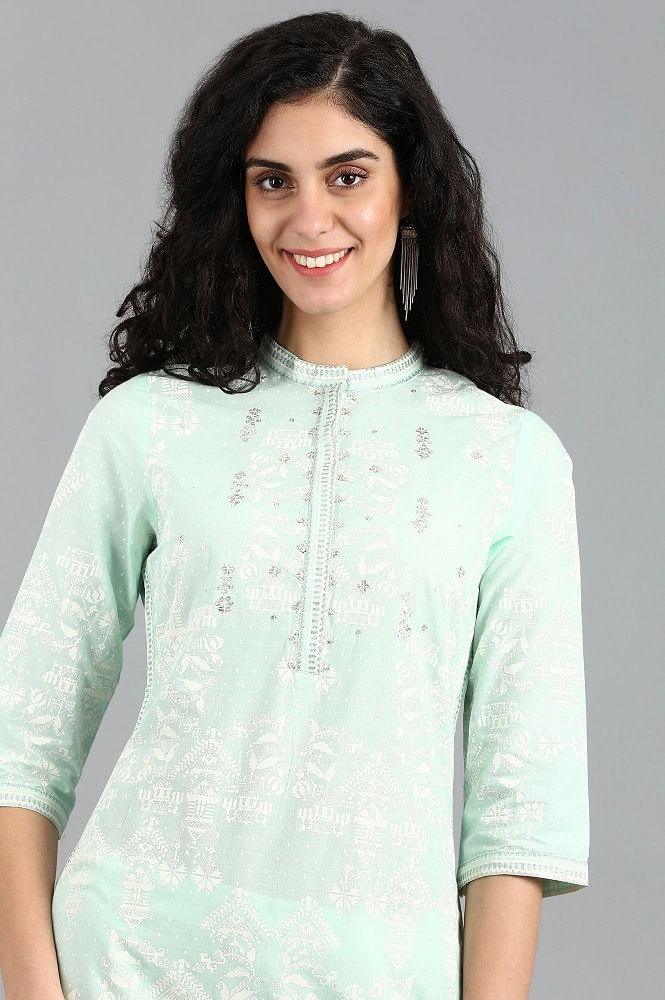 Blue Mandarin Neck Printed kurta - wforwoman