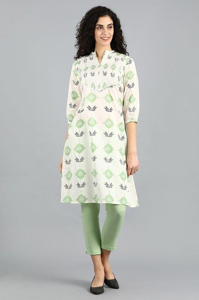 White & Green Mandarin Neck Printed kurta - wforwoman