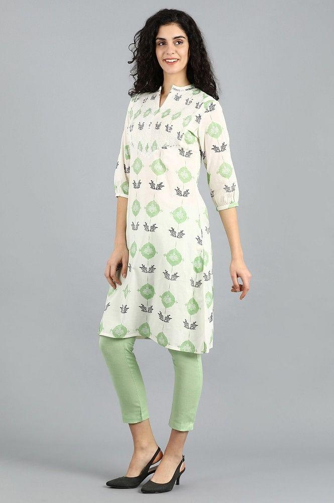 White & Green Mandarin Neck Printed kurta - wforwoman