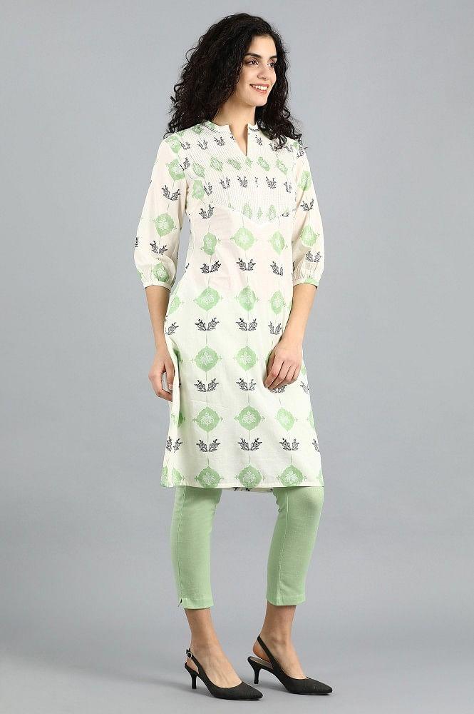 White & Green Mandarin Neck Printed kurta - wforwoman
