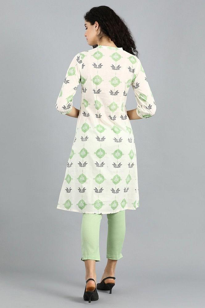 White & Green Mandarin Neck Printed kurta - wforwoman