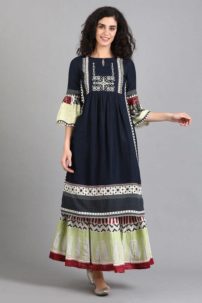 Blue Round Neck Fit & Flare Sleeves kurta - wforwoman