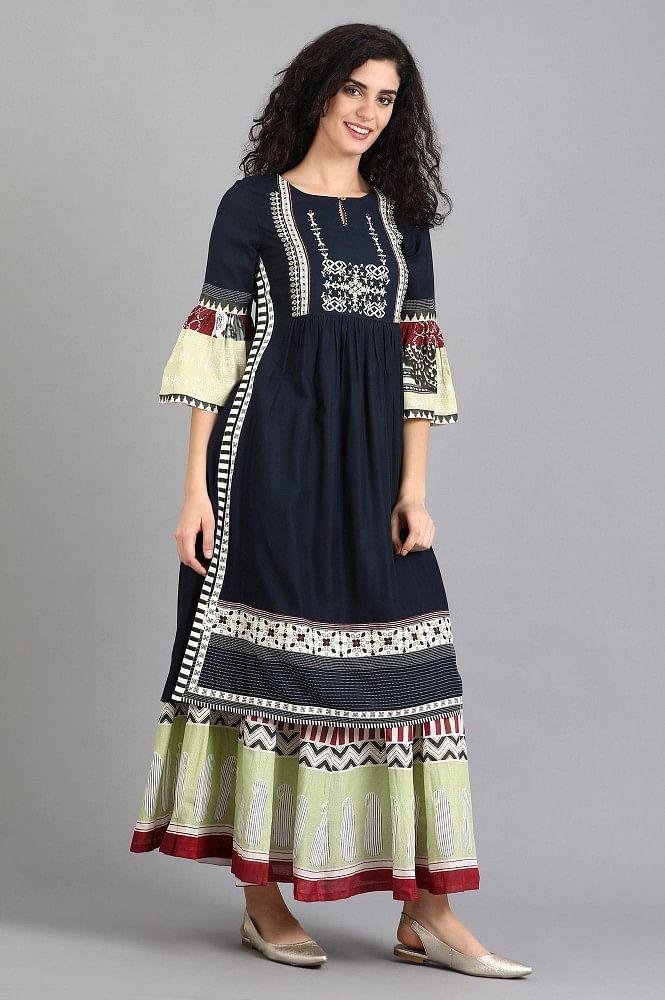 Blue Round Neck Fit & Flare Sleeves kurta - wforwoman