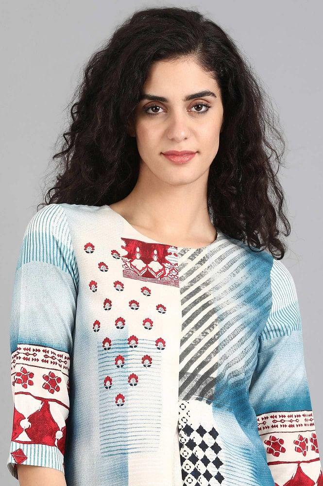 White & Blue Printed kurta - wforwoman