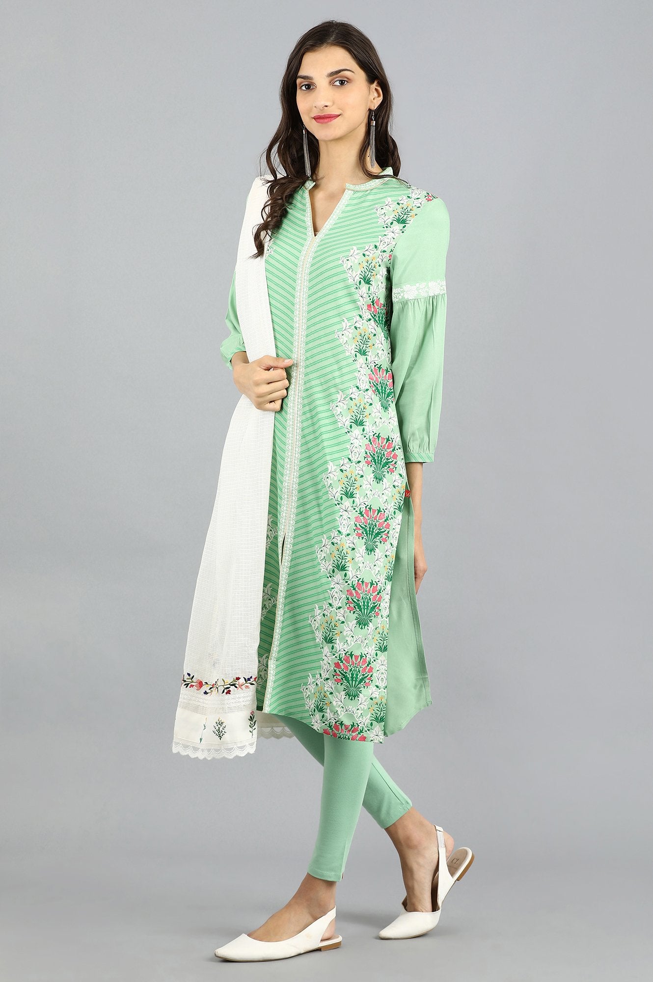 Green Mandarin Neck Printed kurta