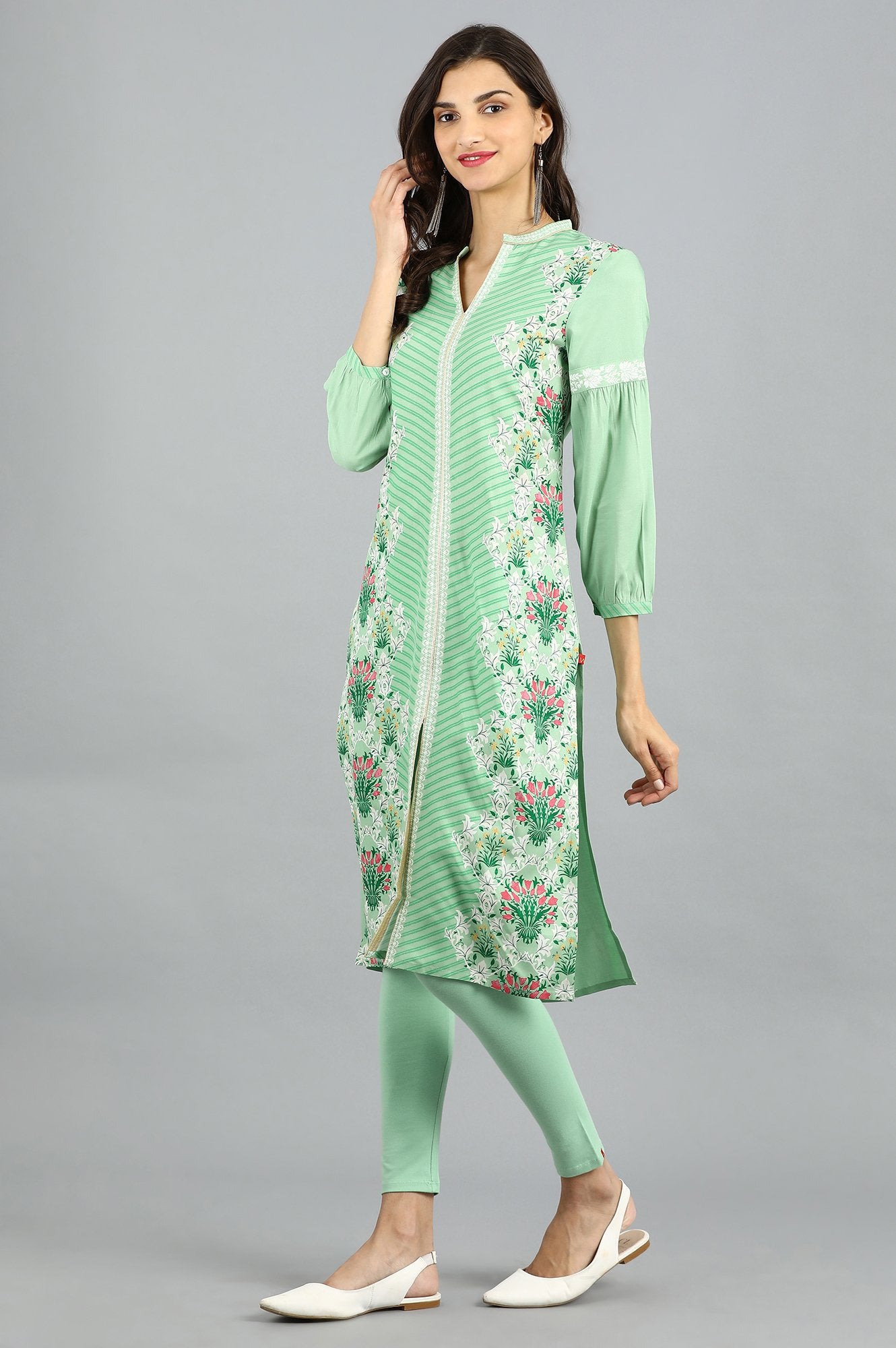 Green Mandarin Neck Printed kurta