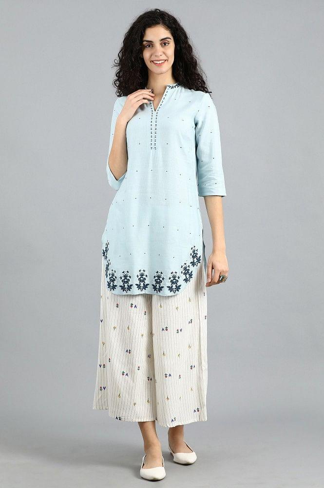 Blue Mandarin Neck Solid kurta - wforwoman