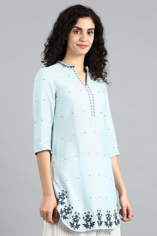 Blue Mandarin Neck Solid kurta - wforwoman