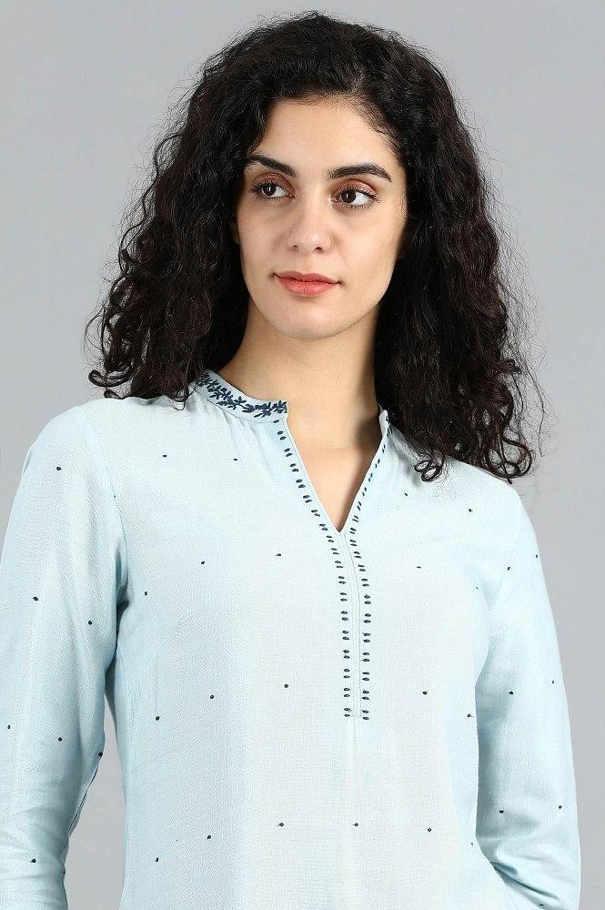 Blue Mandarin Neck Solid kurta - wforwoman