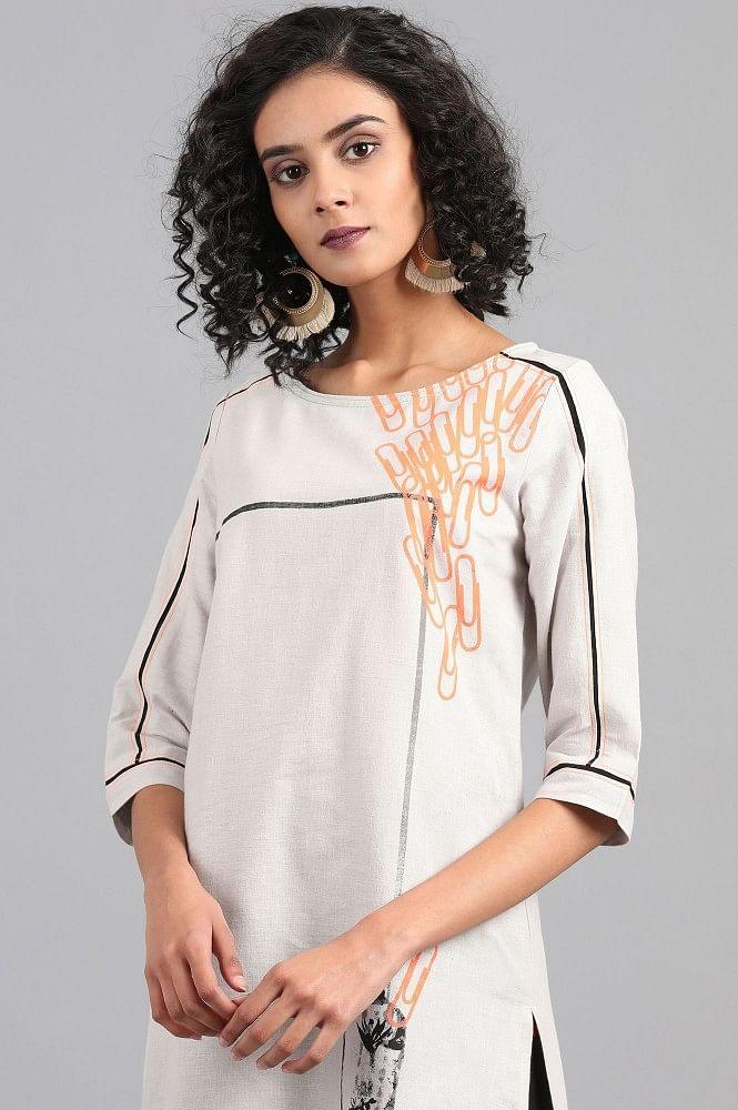 Light Grey Round Neck Printed kurta - wforwoman