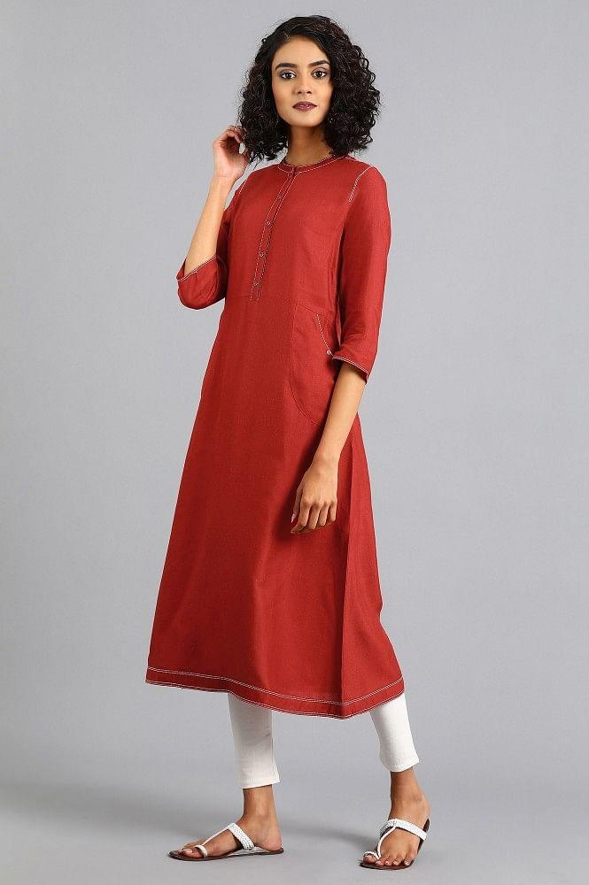 Red Mandarin Neck Solid kurta - wforwoman