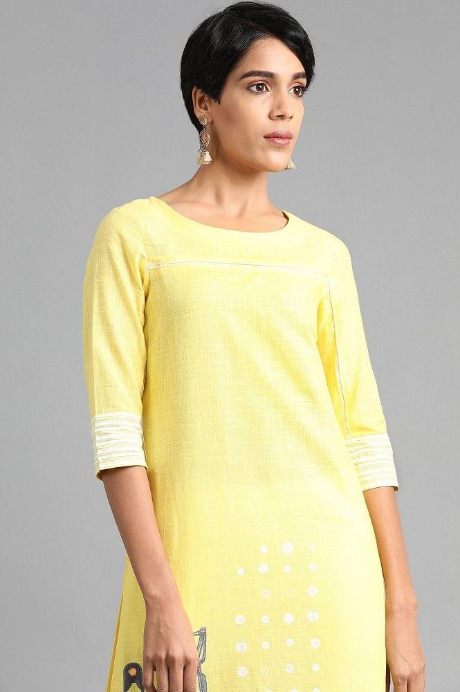 Lemon Green Round Neck Printed kurta - wforwoman