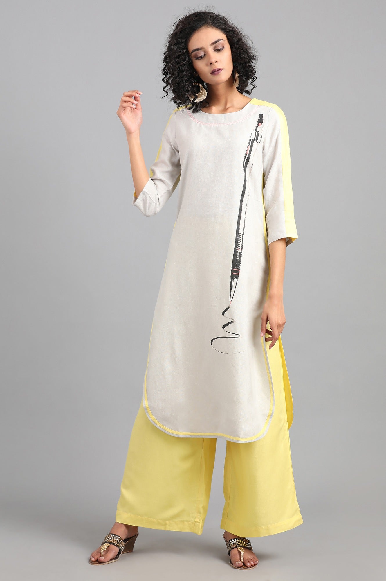 Light Grey Round Neck Printed kurta