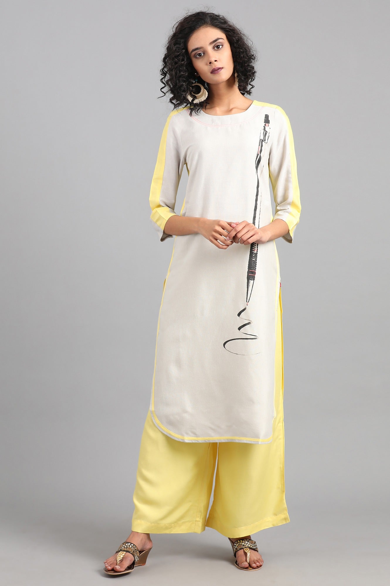 Light Grey Round Neck Printed kurta