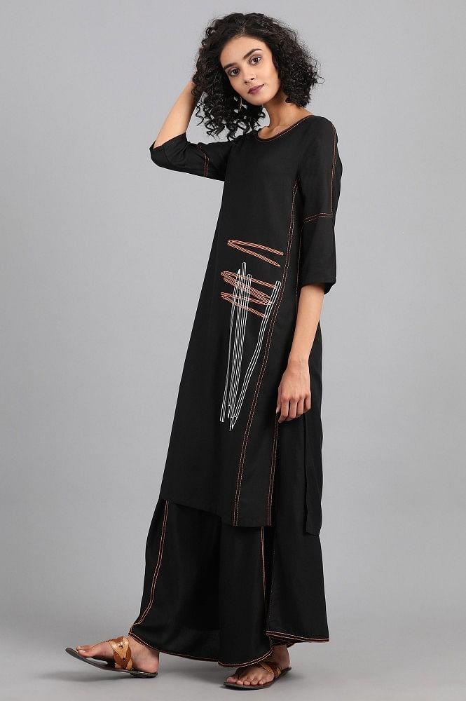 Black Round Neck Printed kurta - wforwoman