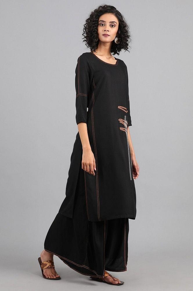 Black Round Neck Printed kurta - wforwoman