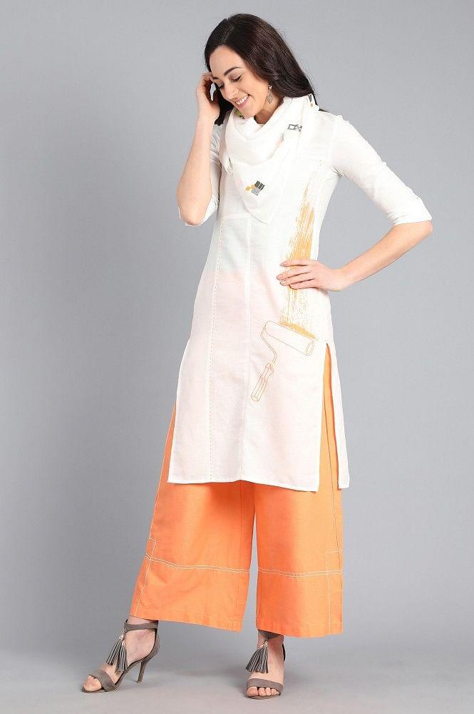 White Mandarin Neck Printed kurta - wforwoman