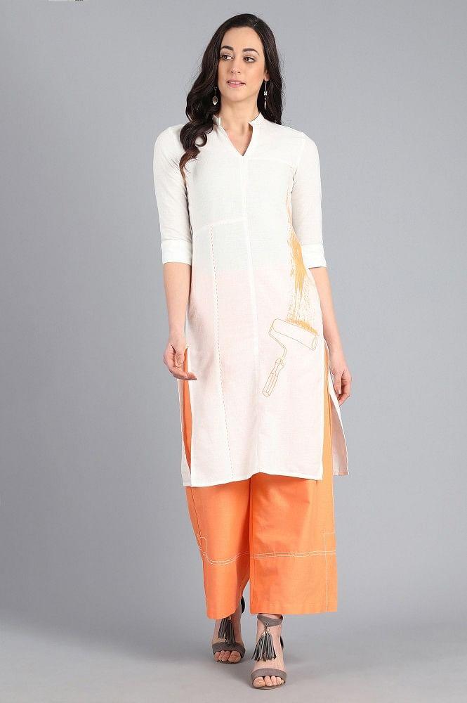White Mandarin Neck Printed kurta - wforwoman
