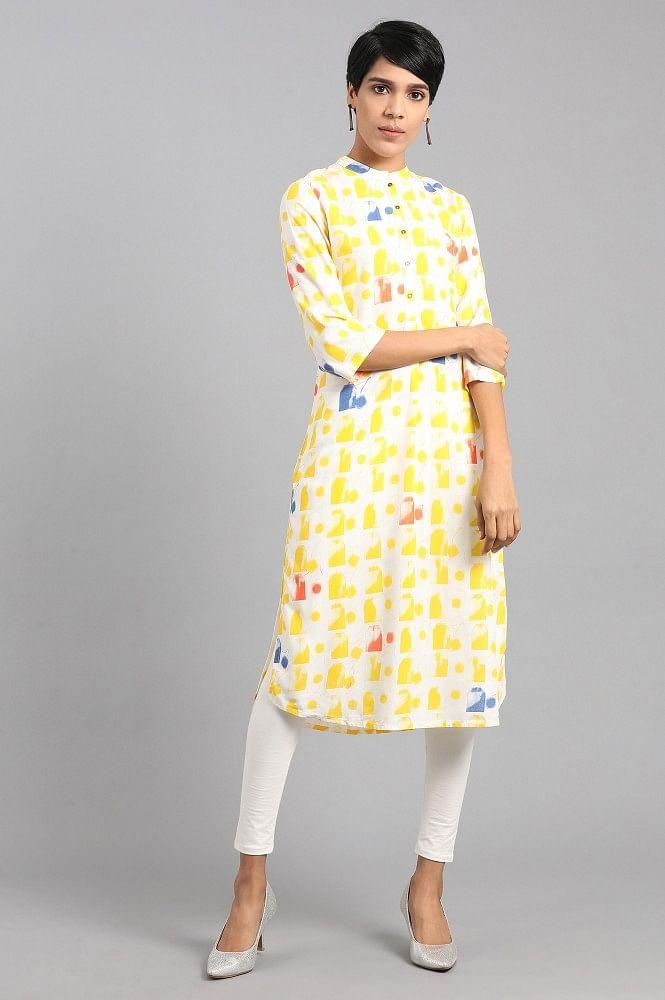 Yellow Mandarin Neck Printed kurta - wforwoman