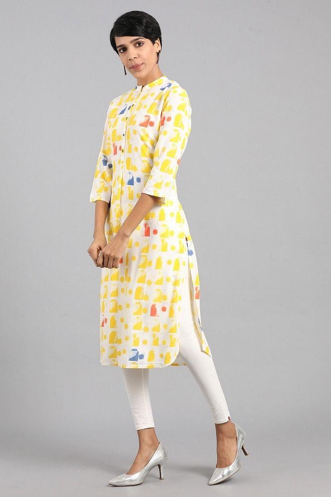 Yellow Mandarin Neck Printed kurta - wforwoman