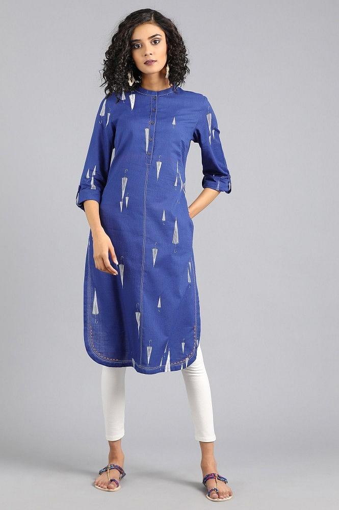 Blue Mandarin Neck Printed kurta - wforwoman