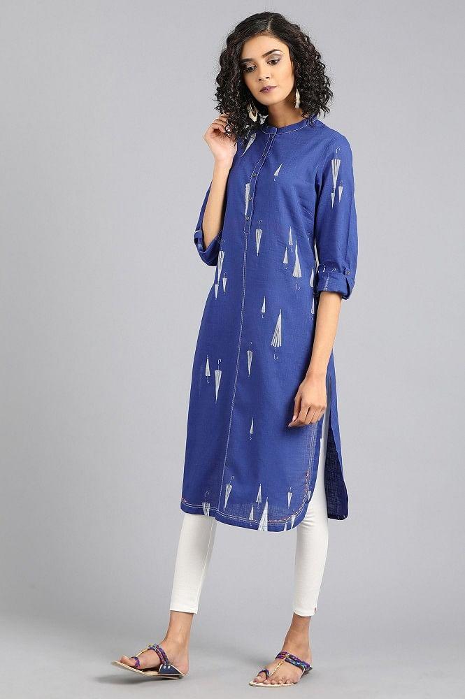Blue Mandarin Neck Printed kurta - wforwoman