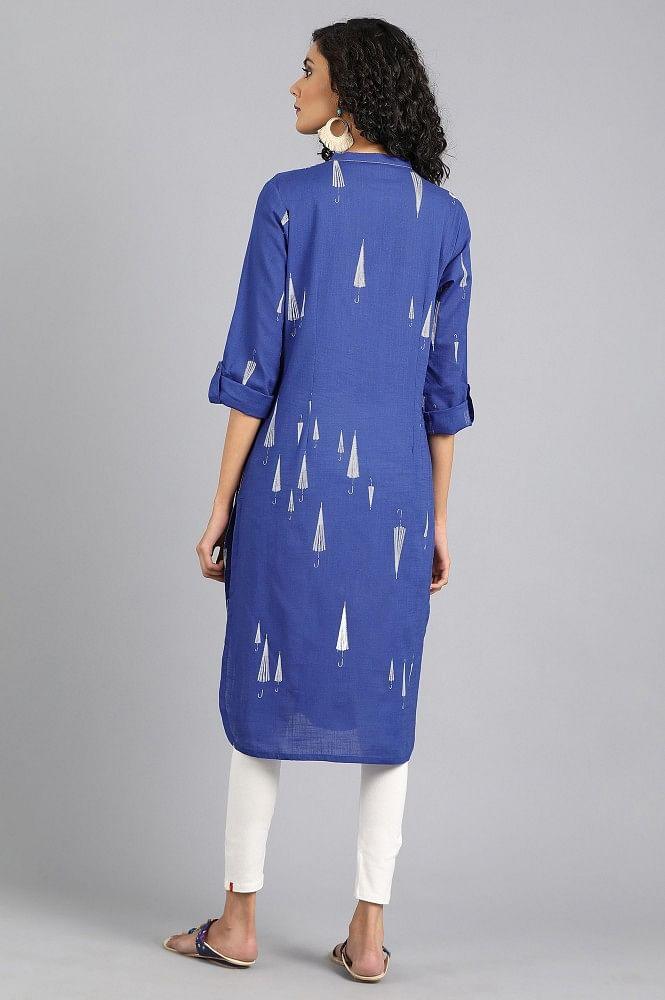 Blue Mandarin Neck Printed kurta - wforwoman