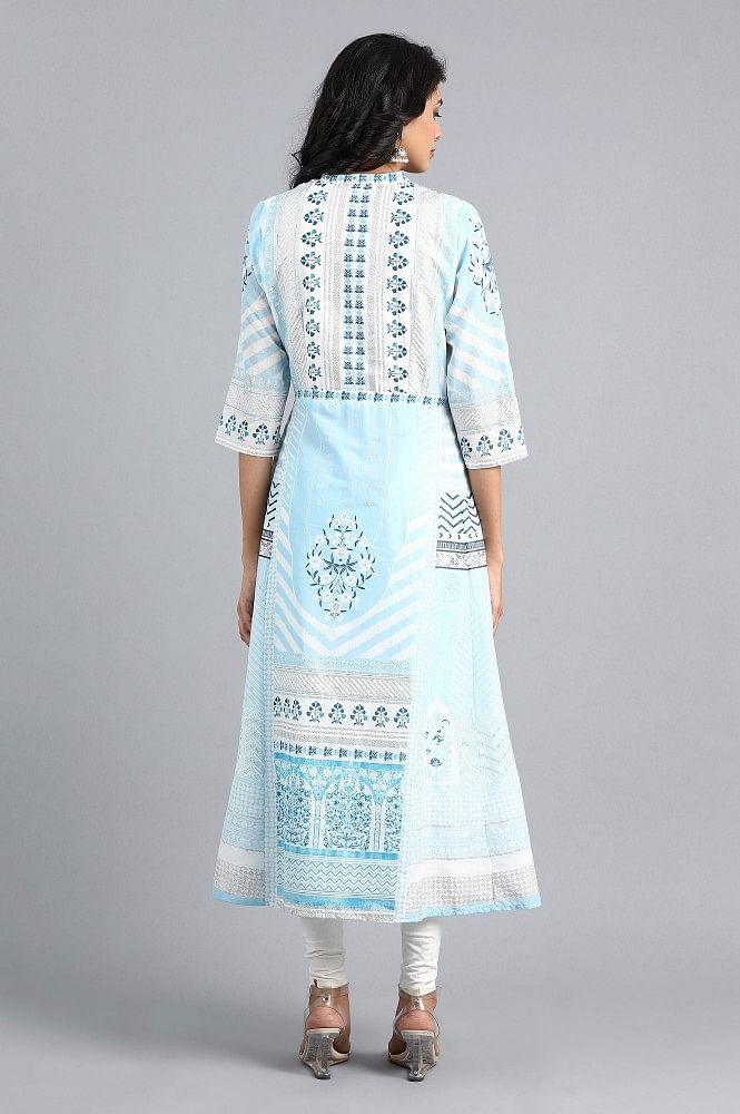 Blue Mandarin Neck Printed kurta - wforwoman