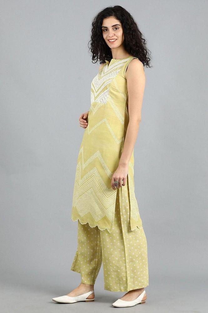 Yellow Round Neck Printed kurta - wforwoman