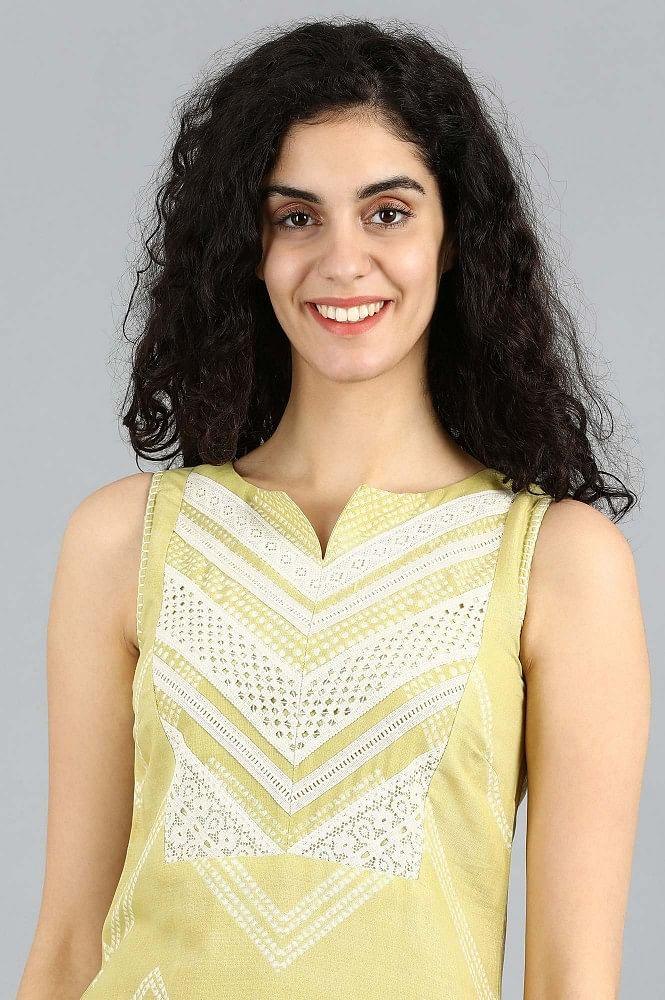 Yellow Round Neck Printed kurta - wforwoman