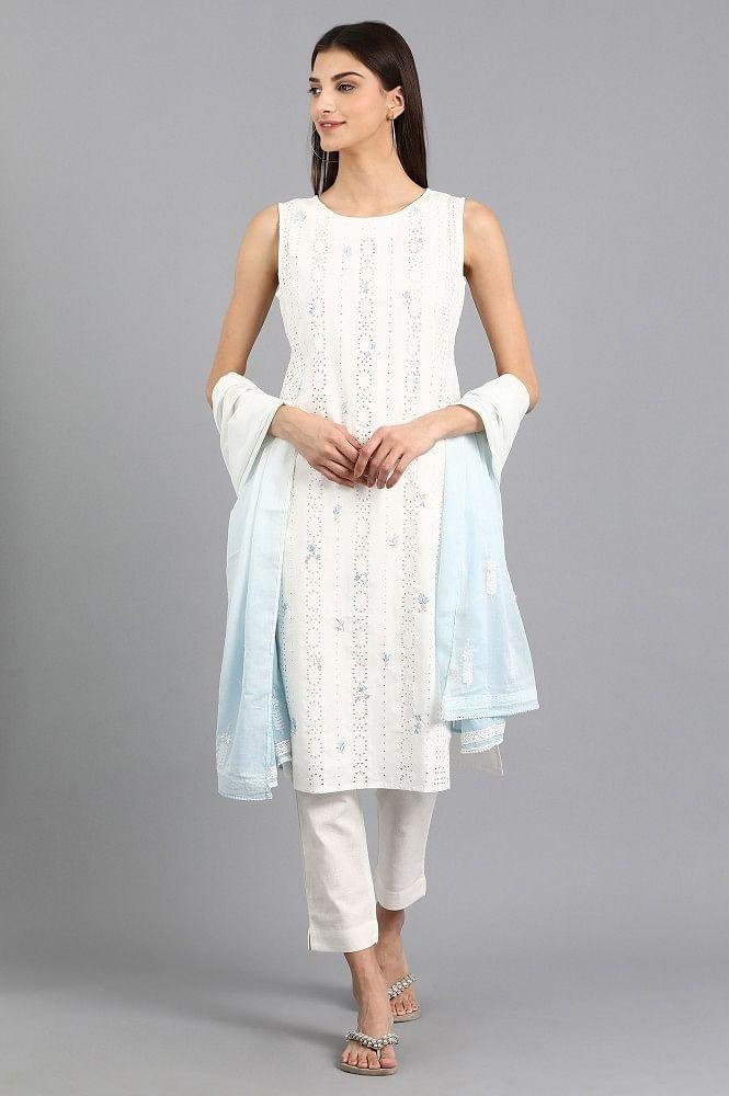 White Round Neck Printed kurta - wforwoman