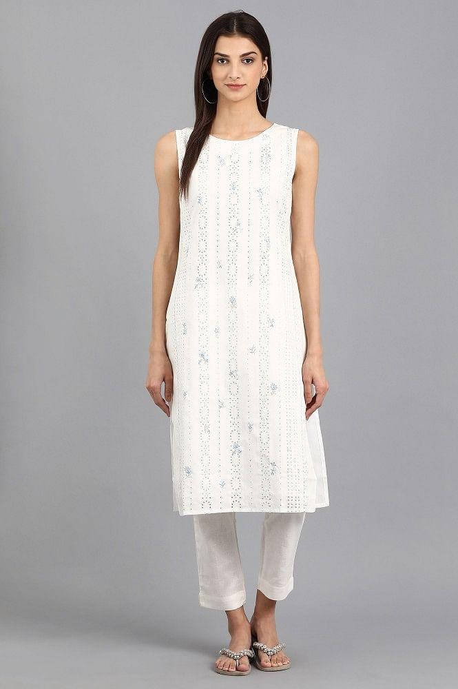 White Round Neck Printed kurta - wforwoman