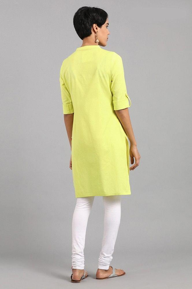 Lime Green Mandarin Neck Solid kurta - wforwoman
